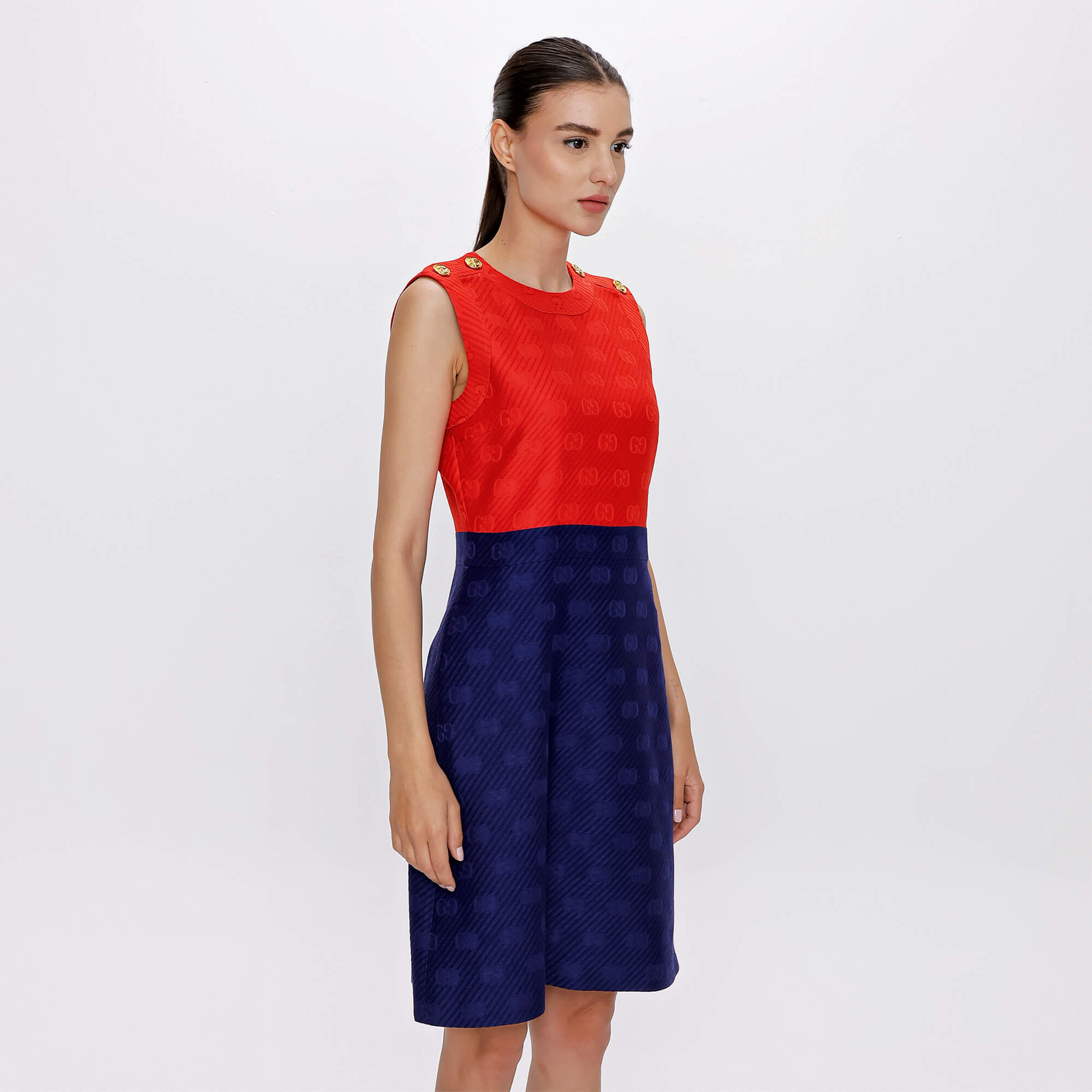 Gucci - Red&Navy Blue GG Gold Button Dress 